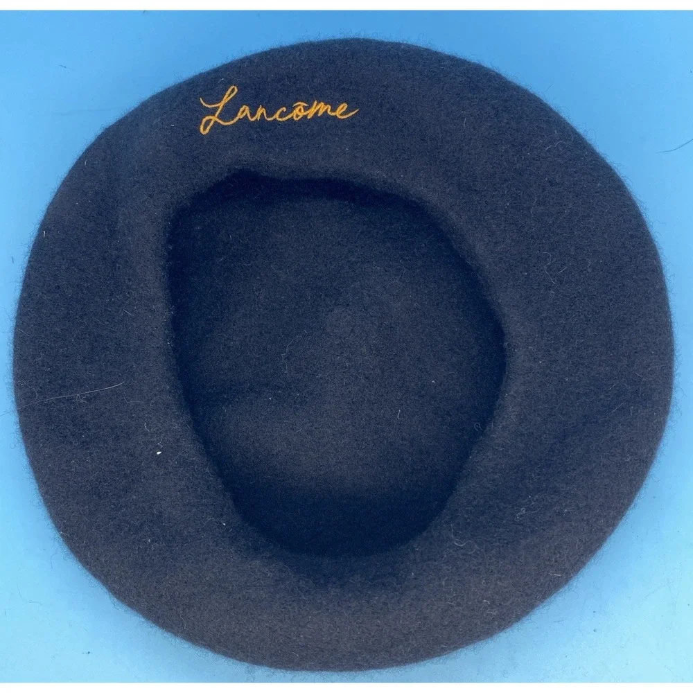 Lancome Paris Women's Black Wool Beret Hat Gold Script Embroidered One Size